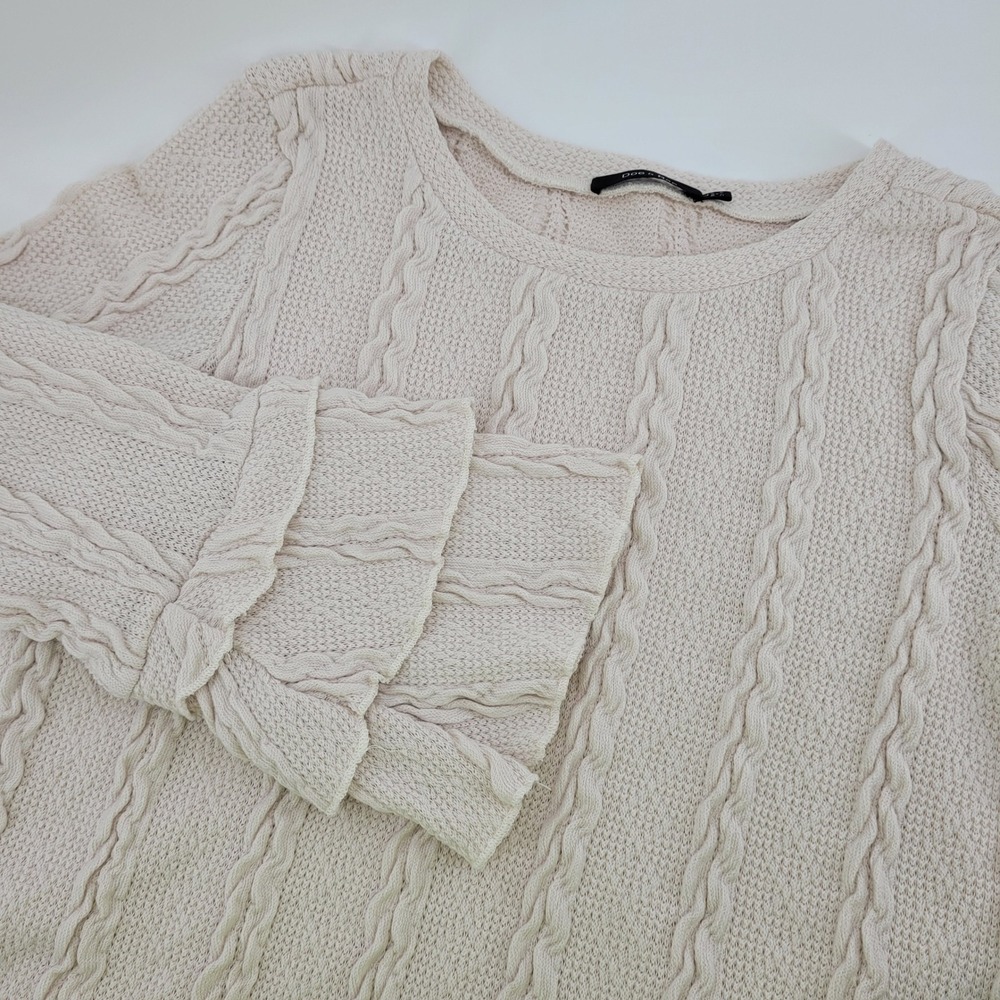 Doe & Rae Coquette Boho Cream Cable Knit Ruffle Bell Sleeve Sweater Large